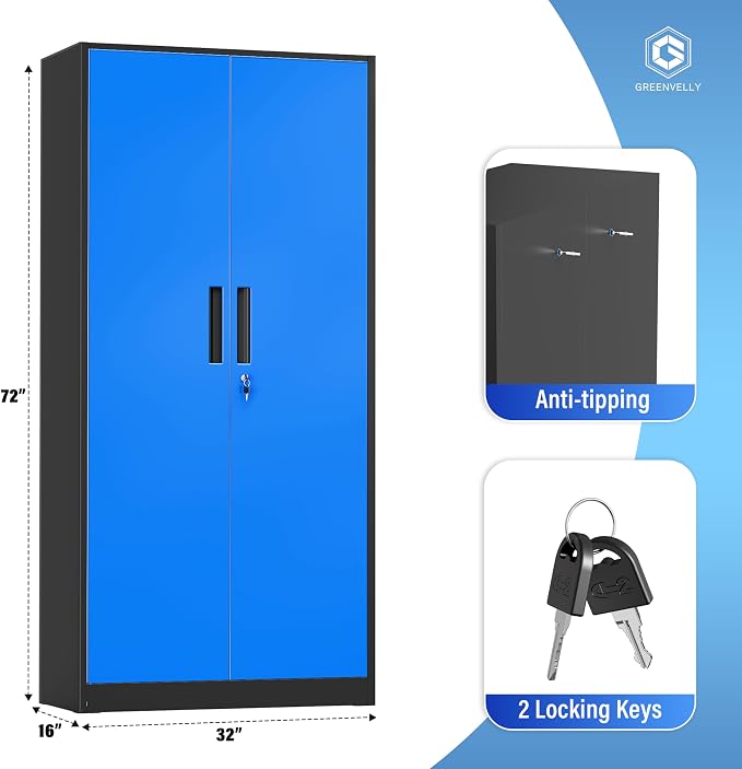 Greenvelly Metal Storage Cabinet with Doors and Shelves, 72" Inch Locking Metal Cabinet,Garage Storage Cabinet for Garage Office School Warehouse (Black Blue)