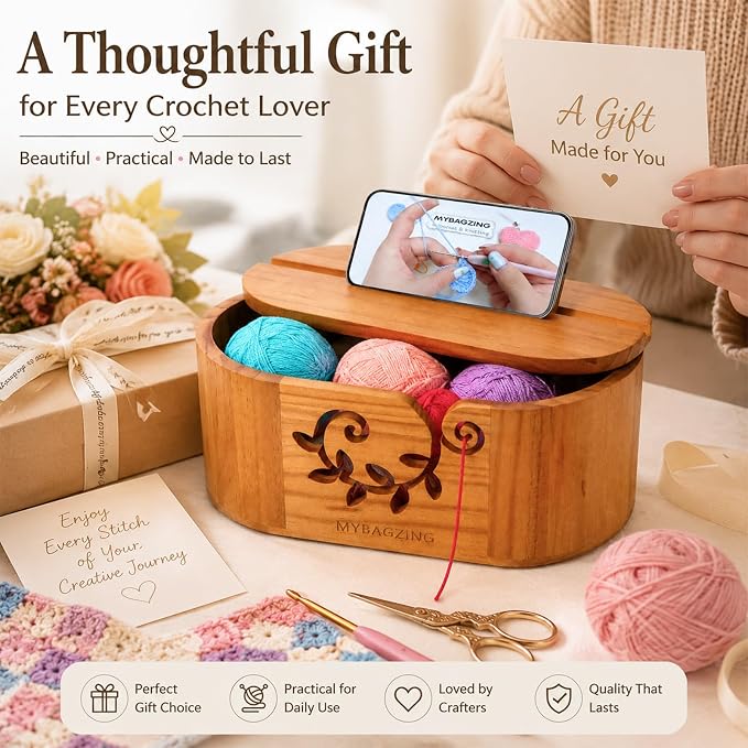 MYBAGZING Wooden Yarn Bowl with Lid, Large Acacia Crochet Yarn Holder with Phone Stand & Tool Tray, Yarn Storage Organizer for Knitting & Crocheting, Floral Design Gift for Crocheters