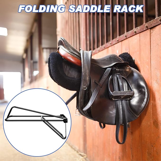 Dunzy 2 Pieces Portable Folding Saddle Rack Collapsible Saddle Storage Rack, Wall Mount Black Stand for Horse Trailer Western Saddles Horses Blanket Stall (Classic Style)