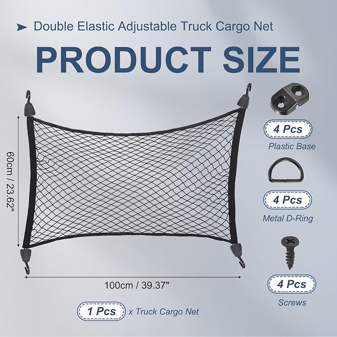 PATIKIL Truck Cargo Net, (39.4 x 23.6 Inch, Black) with Base and D-Ring | Single Elastic Adjustable Trunk Bed Net Stretchable Mesh Storage Organizer Heavy Duty for Pickup Trucks SUV Cars