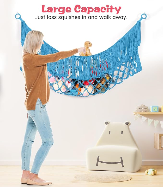 Stuffed Animal Hammock - Extra Large 63'' Long (Peacock blue) | Premium Cotton Hand-knitted, Beautiful Long Tassel, Storage Hanging Organizer, Can Fit Stuffed Animals 40 Piece or More