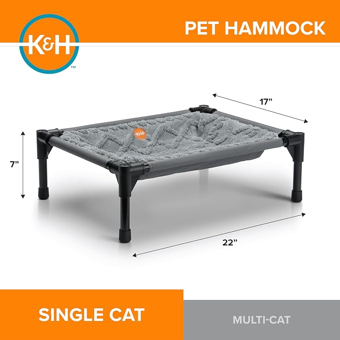 K&H Elevated Cat Bed, Pet Hammock Cot, Indoor Cat Bed, 22x17in, Gray | Free-Standing Raised Cot with Metal Frame, Washable Plush Cover, Rubber Feet, Tool-Free Assembly