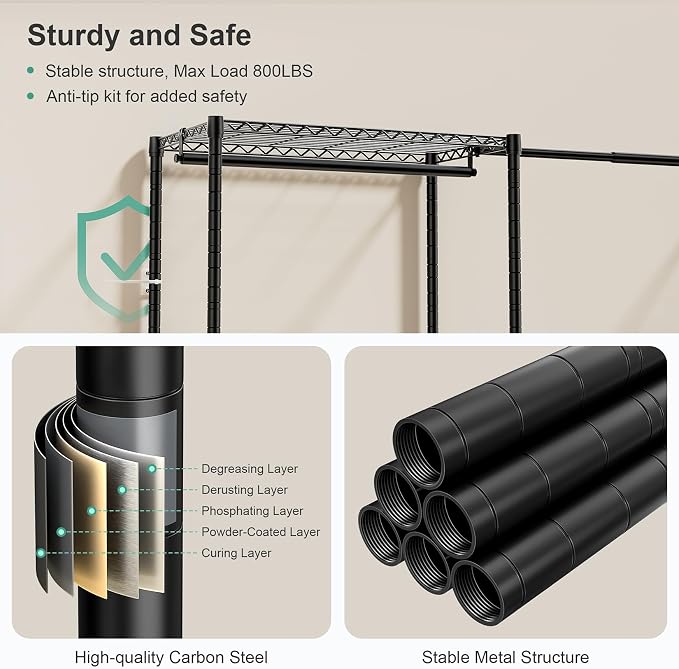 SEMHOR E01 Expandable Heavy Duty Clothes Rack, Free Standing Closet System | 72.5-96" Adjustable Portable Garment & Clothing Racks for Hanging Clothes Carbon Steel, 800LBS Max Load, Black