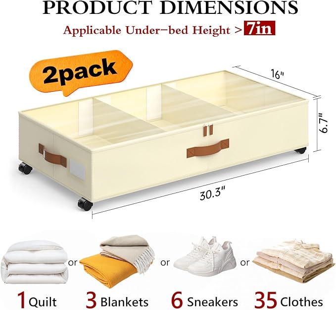 Yecaye Under Bed Storage with Wheels, 2 Pack Under Bed Storage Containers with Adjustable Dividers & Clear Lid, Rolling Underbed Organizer Bins Drawer for Clothes, Shoes, Blankets(30.3 x 16 x 6.7in)