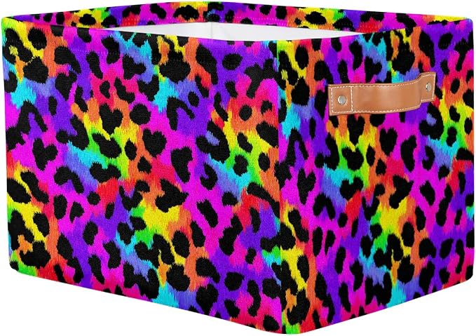 Pardick Colorful Leopard Print Basket Storage Bins Large Fabric Toys Storage Cube Box with Handles Collapsible Closet Shelf Cloth Organizer Basket for Nursery Bedroom Bathroom Holiday Gift