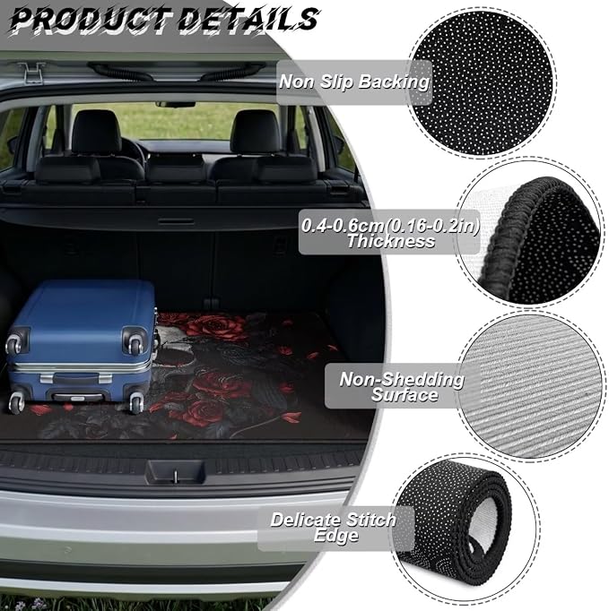 Rose Skull Print Durable Car Trunk Mat 29" x 39", Gothic Floral Non Slip Cargo Liner for Cars Trucks, All Weather Washable Pet Friendly Rear Trunk Liners