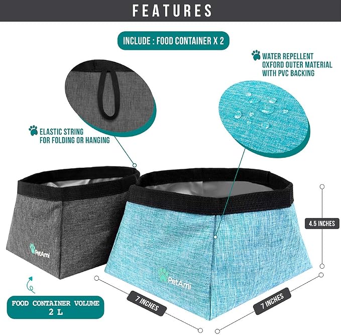 PetAmi Collapsible Dog Travel Bowls, Large Lightweight Foldable Bowl, Water Food Bowls for Pets Dogs for Hiking, Camping, Backpacking, Kibble, 2 Pack (Sea Blue, Grey)