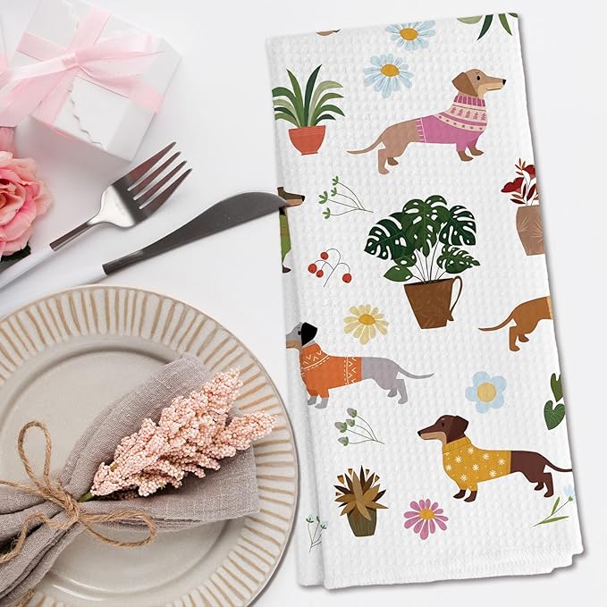 Botanical Dachshund Kitchen Towels, Weiner Dog Gifts for Women Decorative Hand Towels for Bathroom, Gifts for Dachshund Lovers Dish Tea Towels for Kitchen Decor, 16x24 Inch