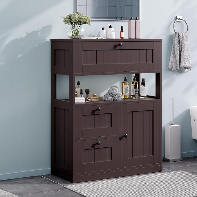 GRUSIGN Bathroom Cabinet, Modern Bathroom Floor Storage Cabinet Organizer with 1 Door and 3 Drawers, Freestanding Cupboard for Kitchen/Living Room Use