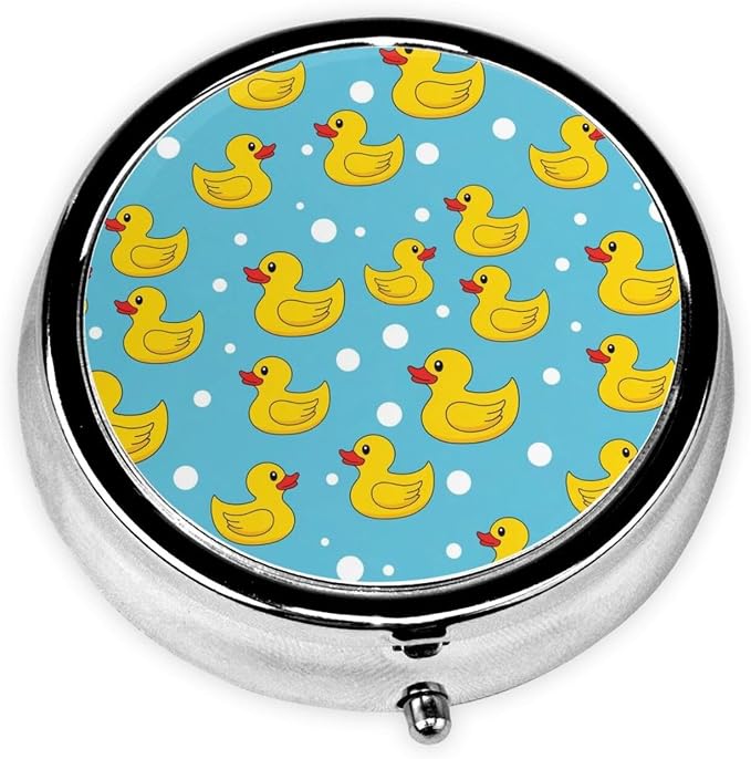 Pocket Pill Box, Waterproof Round Dispenser, Portable Mini Case for Supplements, Daily Use Organizer for Active Lifestyles, Yellow Rubber Duck Print