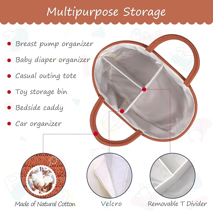 COMSE Large Cotton Rope Baby Diaper Caddy Organizer, Autumn Glaze