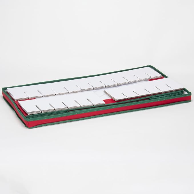 Household Essentials Ornament Storage Box, 36 Piece with Dividers, Sturdy and Stackable with Handles and Clear Plastic Window, Red Polyester Linen with Green Trim
