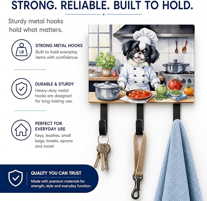 Caroline's Treasures Japanese Chin The Chef Leash or Key Holder Wall Hooks, Key Hooks Holder, Coat Rack Wall Mount, Coat Hooks, Hooks for Hanging Keys, Towels, Aprons, Leashes | Japanese Chin The Chef artwork on ceramic tile with three steel hooks for ...