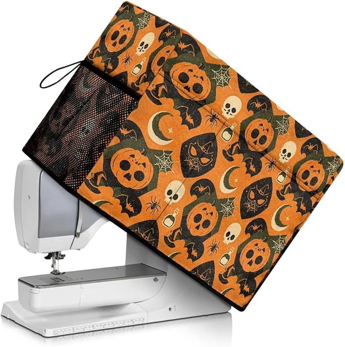 Sewing Machine Cover,Halloween Skull Pumpkin Print,Orange | Dust & Pet Hair Protection,Fits Standard Singer, Brother and Janome Machines, Protecting & Decorating Your Sewing Space