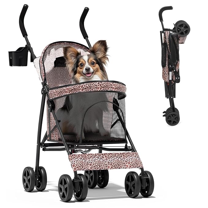 Magshion Compact Fold Pet Travel Stroller for Small Dogs Cats, Leopard | Up to 22lbs, 4-Wheel Lightweight Umbrella Shaped Design, Safety Tethers, Breathable Mesh, Cup Holder & Rear Storage
