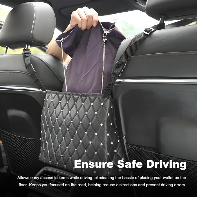 Car Net Pocket Handbag Holder, Large Capacity PU Leather Auto Purse Holder Storage Bag for Front Seats, Driver Storage Netting Pouch Barrier of Backseat Pet, Car Accessories (with Diamond)