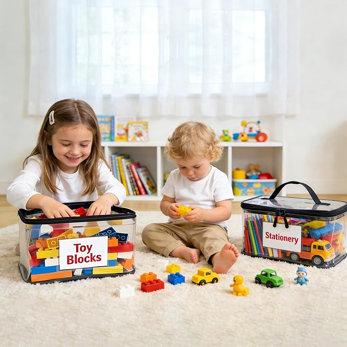 6-Pack Clear Toy Storage Bags Extra Large with Mesh Pocket, Toy Organizer with Name Tags and Marker TPU Waterproof for Lego, Puzzles, Building Blocks, Small Toys