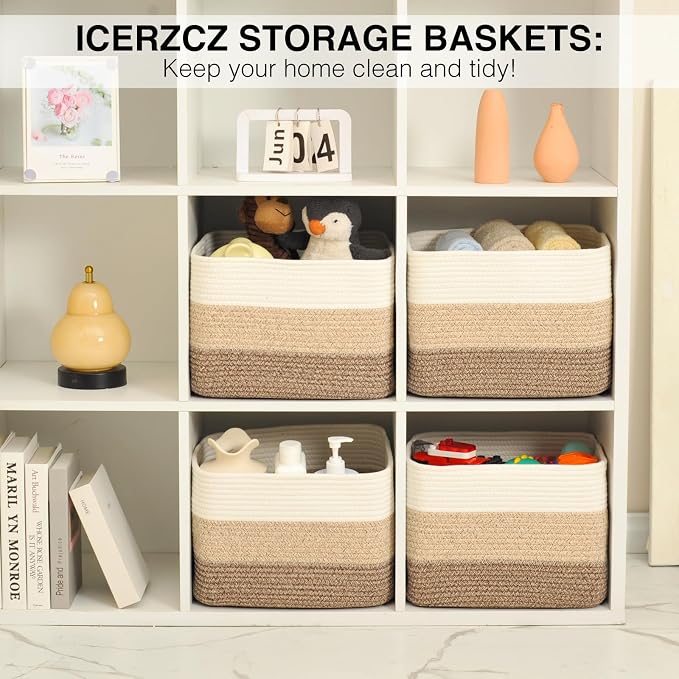 ICERZCZ Storage Baskets for Organizing & Shelves, Woven Cotton Rope Organization Bins for Dog Toys, Clothes, Books, Nursery Organizer, 15"Lx11"Wx9.5"H, (4 Packs) Gradient Brown