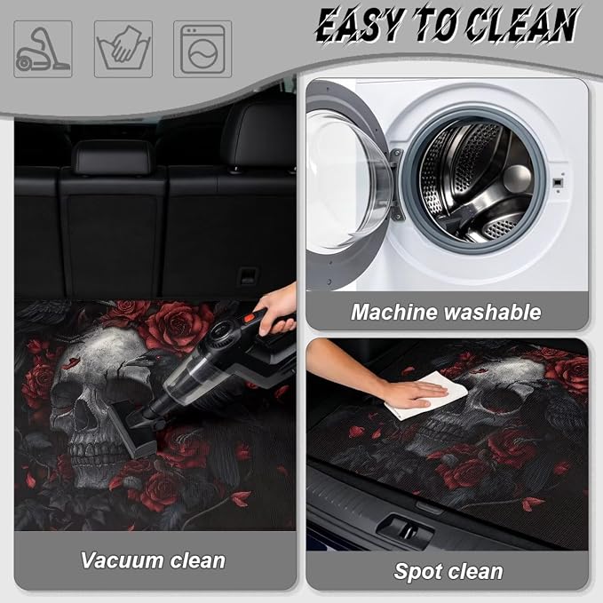 Rose Skull Print Durable Car Trunk Mat 29" x 39", Gothic Floral Non Slip Cargo Liner for Cars Trucks, All Weather Washable Pet Friendly Rear Trunk Liners