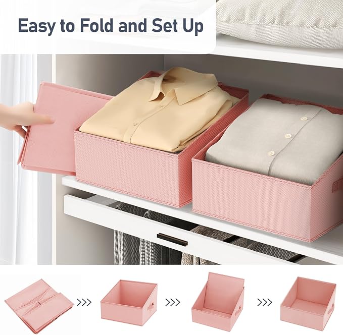 DIMJ Closet Storage Bins - Fabric Storage Baskets for Shelves, Collapsible Clothes Organizer with Handles for Purse, Toys, Books, Towel, Clothes, PInk, 6 Bins 11.4"x11.4"x7.8"