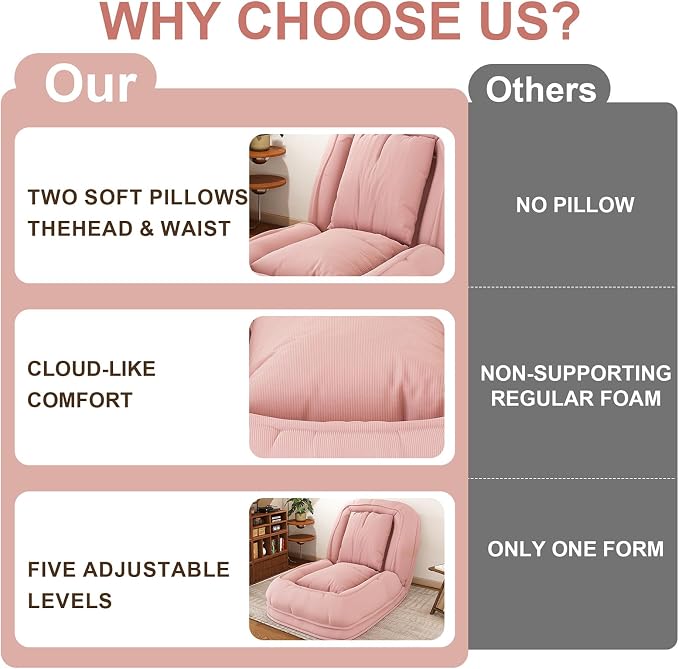 Human Dog Bed for Adults and Pets, Upholstered Foldable Lazy Sofa Bed with 5 Adjustable Positions, Corduroy Floor Sofa Bed with 2 Pillows, Convertible Recliner for Living Room, Reading Corner (Pink)