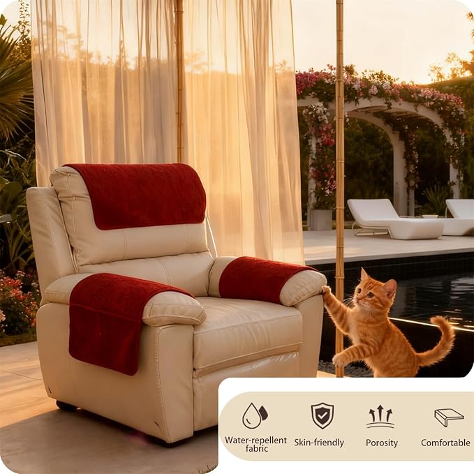 Sherpa Fleece Armrest and Headrest Covers with 2 Pockets | Soft fleece with nonslip silicone backing helps protect leather and fabric furniture from pet scratches machine washable