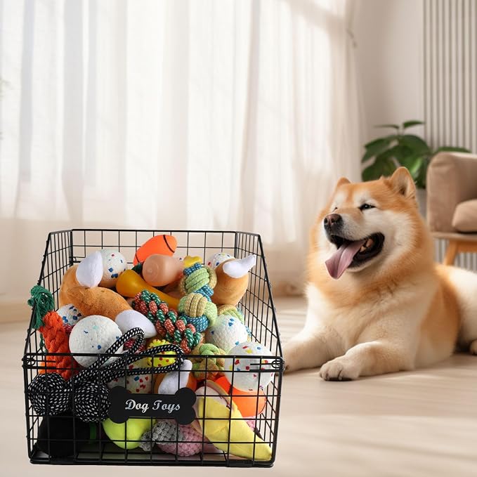 Geyecete dog toy basket Pet wire folding dog toy bin Trapezoid dog toy box Dog Toys Storage Toy box for dogs Chew-Proof Dog Food Toy Storage Container