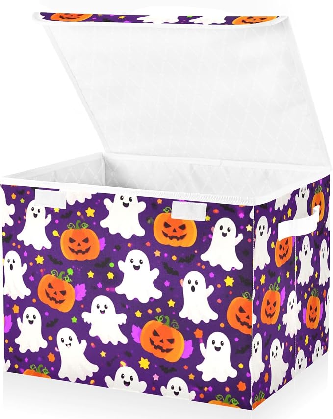 Halloween Pumpkin Storage Bins with Lids Closet Bedroom 40L Storage Basket | Decorative Storage Boxes, Foldable & Stackable, Dust-Proof Flip Top, Reinforced Handles, For Home & Dorm, Clothes & Toy Box