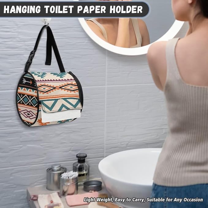 Ethnic Aztec Striped Wall Mounted Toilet Paper Holder Moisture Resistant Oxford Cloth Tissue Roll Paper Holder Hanging Bathroom Tissue Towel Roll Holder 6.3 * 6.3 * 6.3 Inch