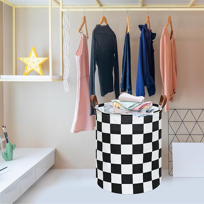 MAIZMZ Checkered Flag Canvas Storage Basket 63L Waterproof Laundry Hamper with Handles, Collapsible Racing Themed Organizer Bin for Boys Bedroom, Toys, Clothes, Gift Giving