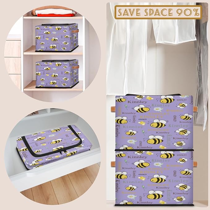 Custom Rectangular Storage Basket with Zipper Lid, Kids Baby Toys Bin, Books Shelf Basket, Clothes Towel Bin for Nursery, Gift Basket, Lavender Purple Cartoon Bee with Daisy Floral