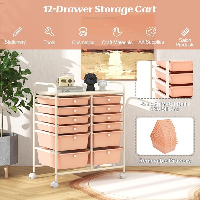 12 Drawer Rolling Storage Cart, Art Cart Organizer on Wheels, Mobile Utility Cart with Drawers, Multipurpose Craft Drawers for Home Office School Classroom (Peach)