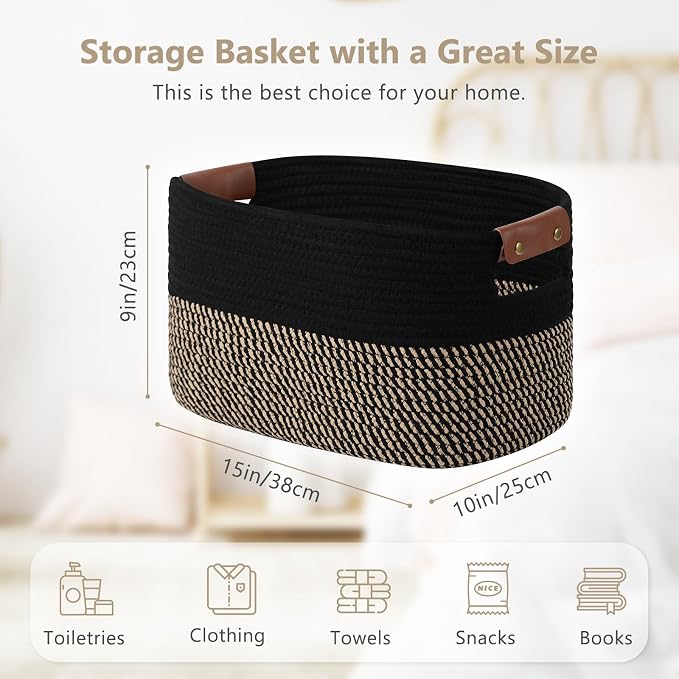 ECDYQXVU 15x10x9 Woven Cotton Rope Storage Basket, Leather Handles 3 Pack | Foldable Design, Sturdy PU Handles, Easy to Clean Organizer for Living Room, Closet, Shelves, Bedroom, Laundry, Clothes