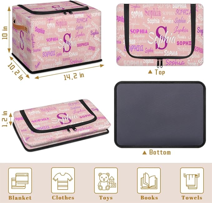 Personalized Kids Toy Box with Name, Custom Nursery Baskets Cubes Box with Zipper Lid, Kids Custom Storage Basket Laundry Baskets Organizer with Handles, Pale Pink Background Colorful Names