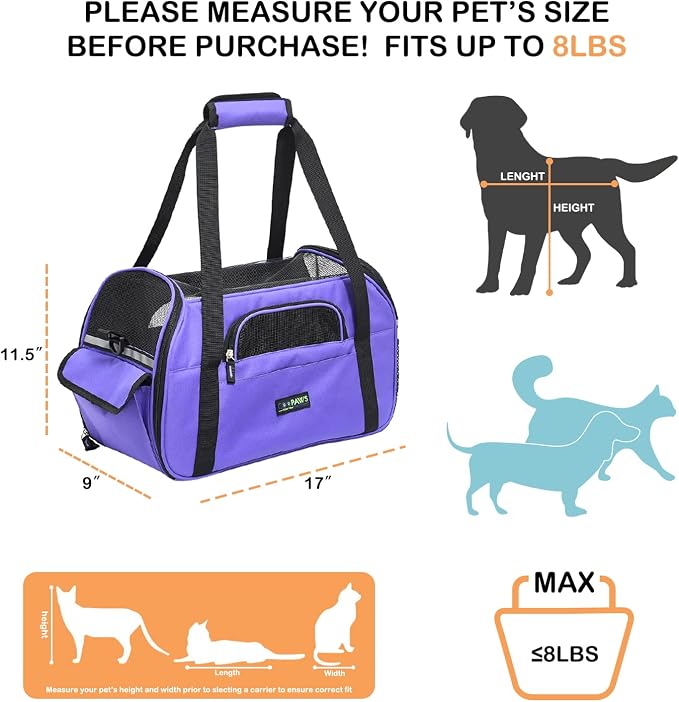 Jespet Airline Approved Soft-Sided Kennel Pet Carrier Travel Handbag | Lightweight, Foldable, Portable, Built-In Safety Leash, Luggage Sleeve, for Cats & Small Dogs, for Indoor & Outdoor