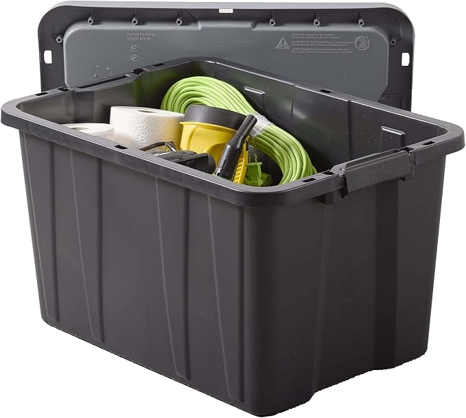 27 Gallon Heavy Duty Plastic Storage Bin With Latch Lid, Black Base & Gray Stackable Lockable Container With Ergonomic Handles For Garage Basement Shed Indoor & Outdoor Gear Organizer