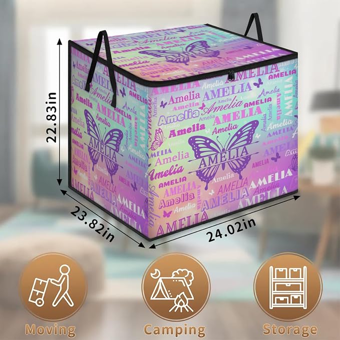 Custom Name Large Clothes Storage Organization with Lids, Shelf Basket, Bedding Clothes Towel Storage Bin for Nursery, Gift Basket, Pet Basket, Coloful Gradient Galaxy Purple Green with Butterfly