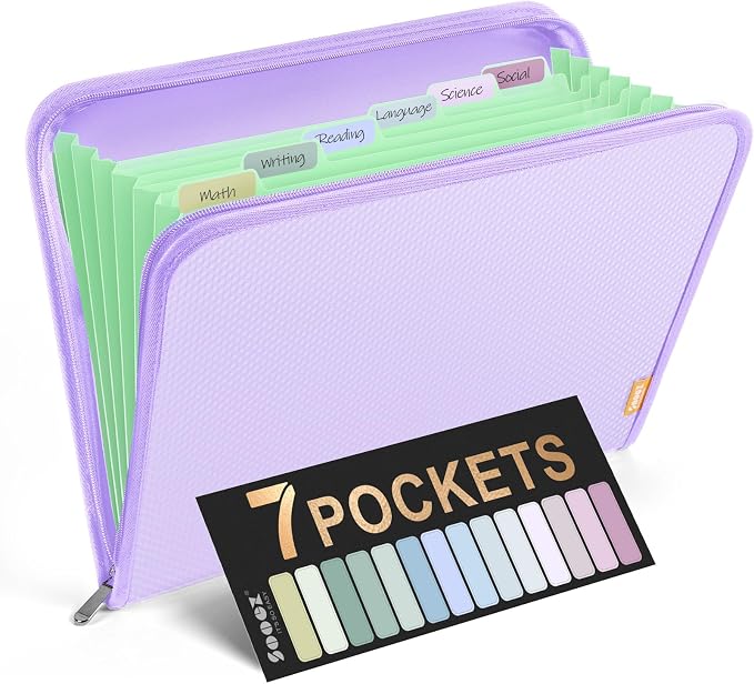 Sooez 7 Pockets Accordion File Organizer, Zipper Expanding File Folder A4 | Reinforced Plastic Accordion Folder Organizer, A4 Letter Size, Portable Folders for Documents, School Office Supplies, Purple