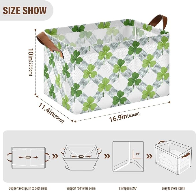 Plaid Shamrock Clover St Patricks Day Storage Basket Foldable Cube Storage Bins with Handles&Label Waterproof Organizer Box Bin Large Rectangle Decorative Baskets for Shelves Home Room Laundry-2 Pack