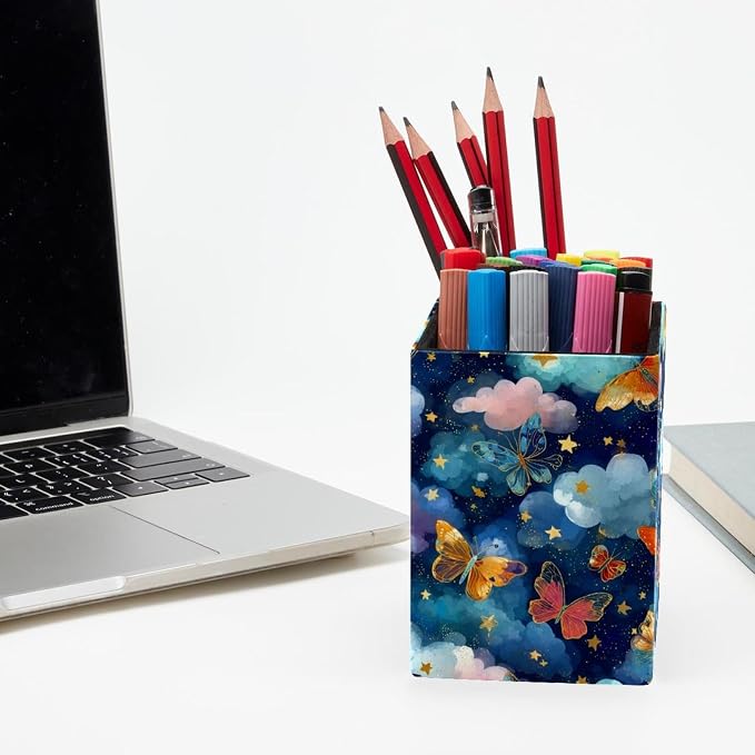 Butterfly Pen Holder for Desk Decor, Rectangular PVC Leather Pencil Cup for Desk Pen Organizer, Makeup Brush Holder for School, Home, Office