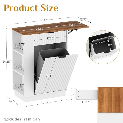 Kitchen Island Tilt-Out Trash Can Cabinet, 10 Gallon Fluted Laundry Hamper Cabinet with Drawers, Multipurpose Kitchen, Bathroom, Living Room Wooden Trash Bin