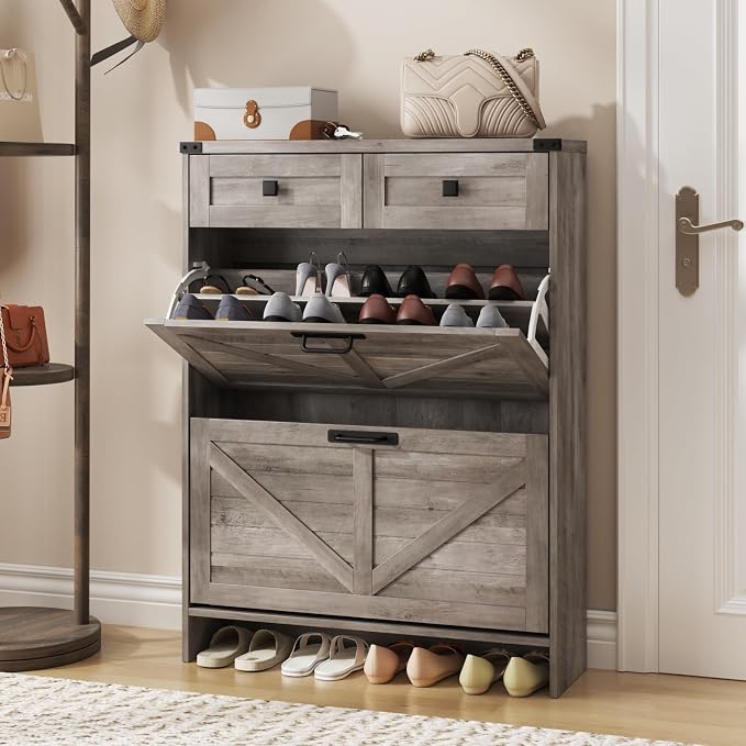 Halitaa Shoe Cabinet with 2 Flip Drawers & 2 Drawers,Farmhouse Shoe Storage Cabinet for Entryway,Slim Freestanding Narrow Organizer Rack for Front Door Entrance,Grey