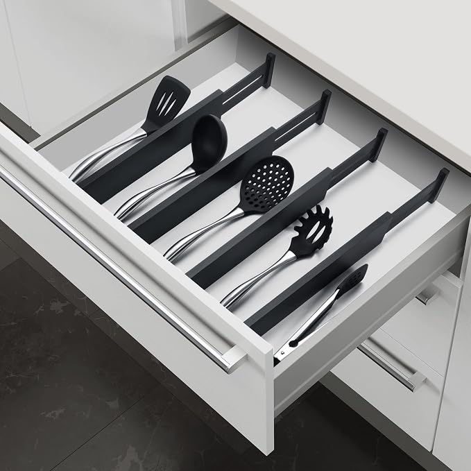 4 Pack Bamboo Drawer Dividers 2.6" High, Adjustable from 12 Inch to 17 Inch | Expandable Kitchen Drawer Organizer Separators for Clothes, Kitchen, Bedroom, Dresser, Office (Black)