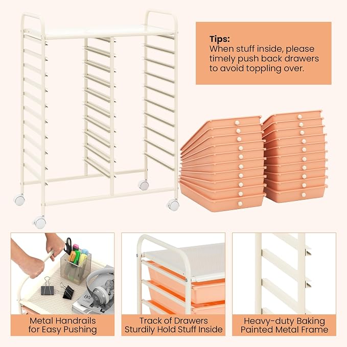 20 Drawer Rolling Storage Cart, Art Cart Organizer with Wheels for Makeup, Tool, Paper, Multipurpose Craft Storage Cart with Drawers for Office, Home, Classroom, School (Peach)