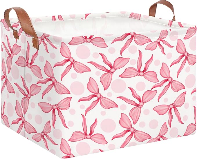 NTAOHAMPER Rectangular Storage Basket Empty,Toys Storage Bin with Handles,Baby Room Decor,Gift Basket,Book Box(Pink Bowknot)