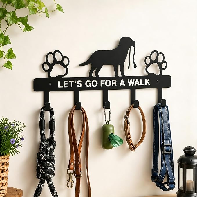 Dog Leash Holder for Wall, Key Holder with 5 Metal Hooks, Let's Go for A Walk Pet Leash & Collar Organizer, Screw Mounted Wall Rack for Entryway, Garage, Mudroom & Hallway