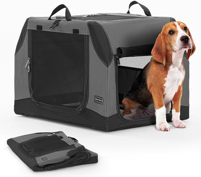 PETSFIT Travel Dog Crate, Soft Dog Crate - 30 Inch Sturdy Adjustable Structure, Easy to Set Up, Perfect for Car, Light Tough with 3 Mesh Doors Grey