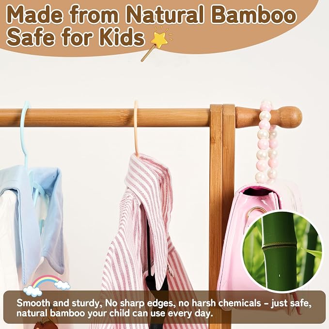 Bamboo Kids Clothing Rack with Storage Box - Foldable,Kids Dress Up Rack with Hooks & Rod, Organize Dress Up Storage & School Uniforms, Perfect for 4-13 Year Olds (Brown)