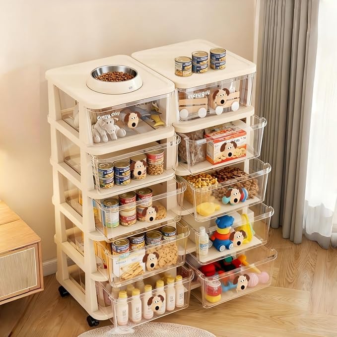 Dog Toy Storage Drawer with Wheels,5 Tier Large Capacity Stackable Bin for Pet Toys & Essentials, All-in-One Dog Stuff Storage Cabinet, Perfect for Living Room, Easy to Clean
