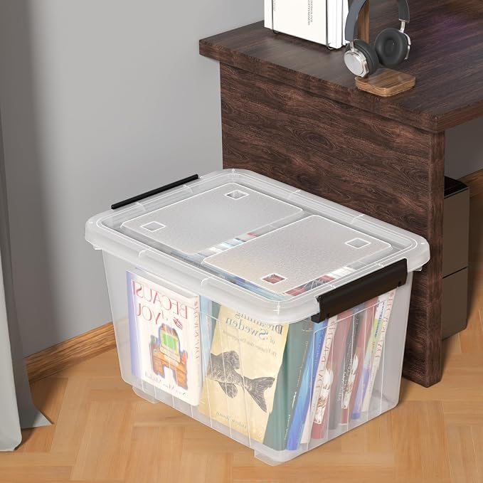 50 Quart Large Clear Plastic Storage Bins with Lids, 4 Packs | Stackable Plastic Organization Boxes with Wheels